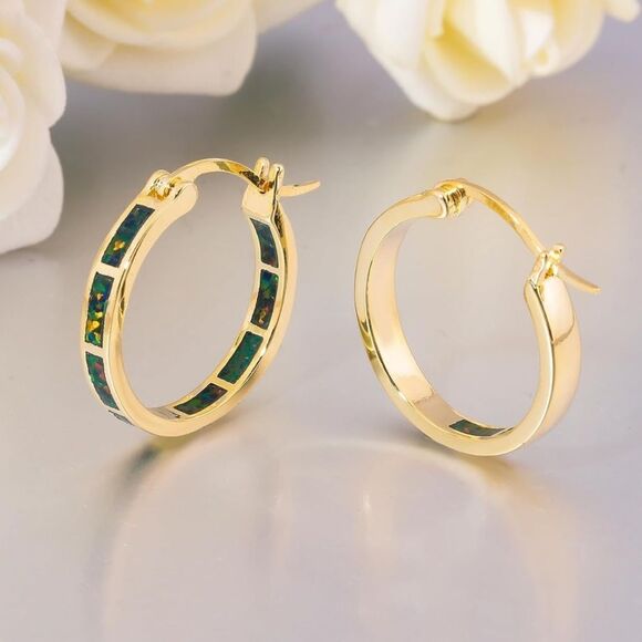 14K Yellow Gold with Genuine Black Fire Opal Round Latch Back Hoop Earrings - Picture 4 of 5